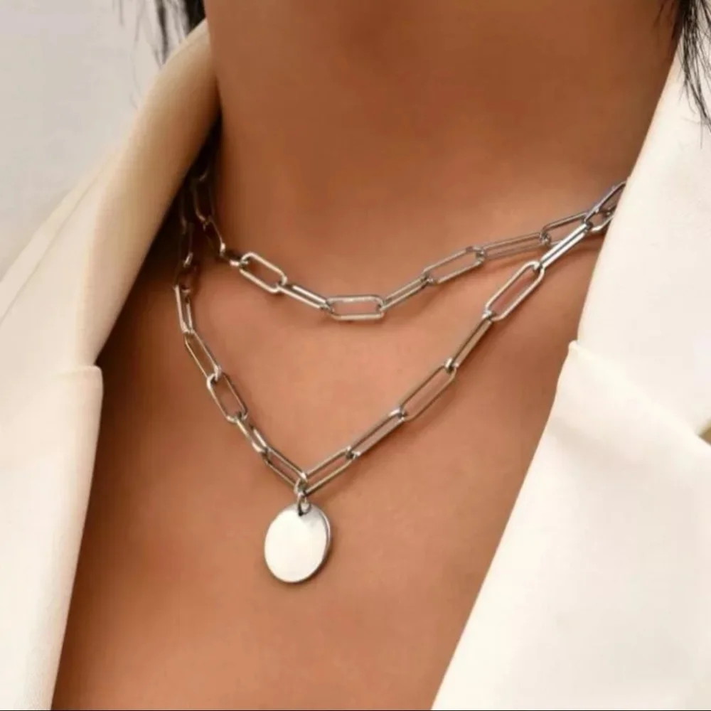 Paperclip Chain Link Coin Pendant Silver Necklace - Picture 1 of 3